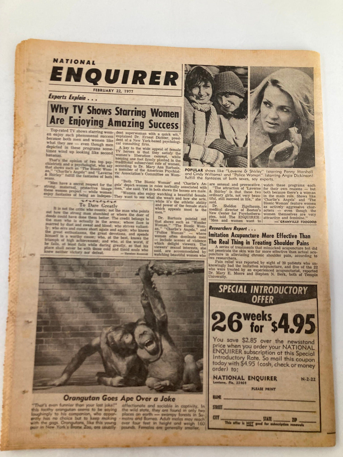 Inside page of the National Enquirer Tabloid from February 22, 1977, detailing various stories including 'Why TV Shows Starring Women Are Enjoying Amazing Success' and featuring articles on orangutans and health topics.