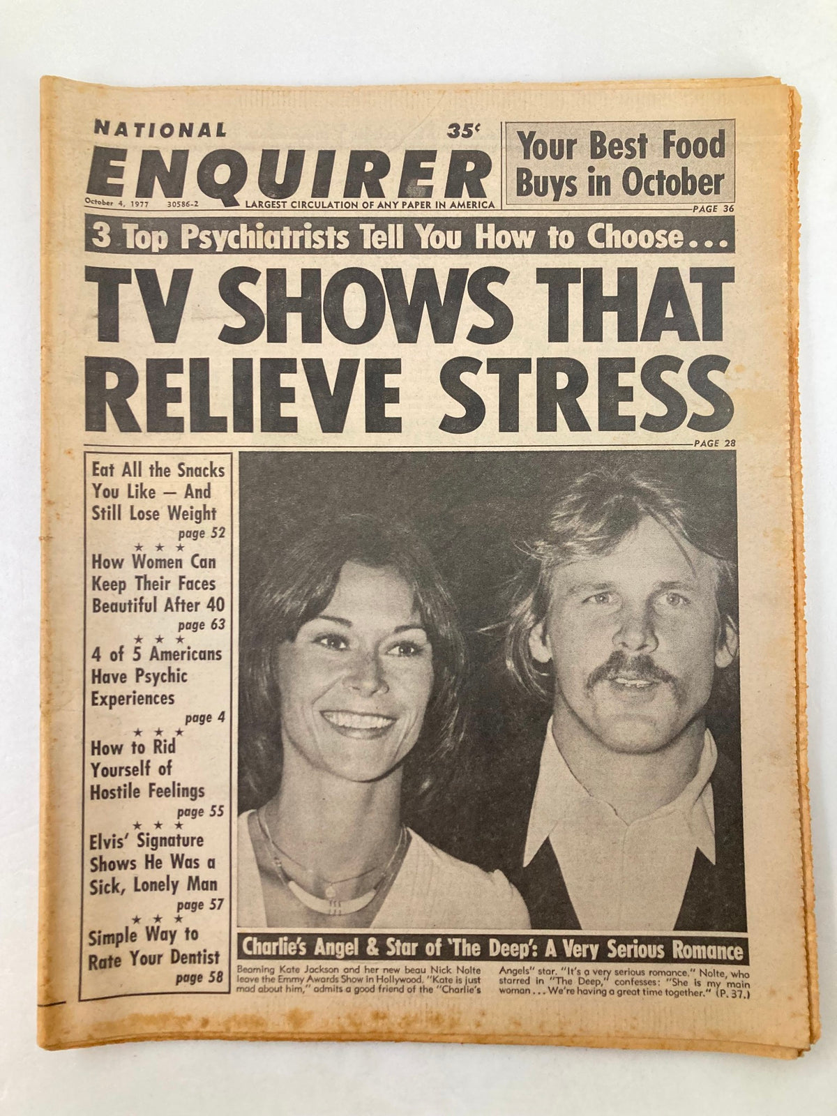National Enquirer Tabloid October 4 1977 featuring Kate Jackson and Beau Nick Nolte, with the headline 'TV Shows That Relieve Stress' and images of the stars.