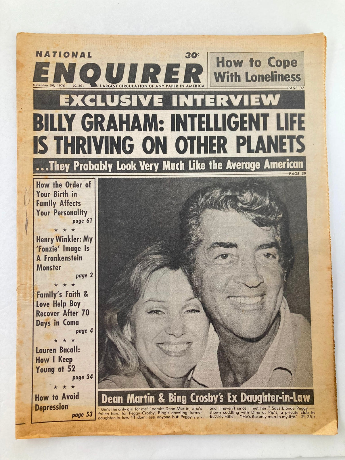 National Enquirer Tabloid November 30, 1976 featuring Dean Martin and Peggy Crosby with cover stories including an exclusive interview with Billy Graham and other celebrity news.