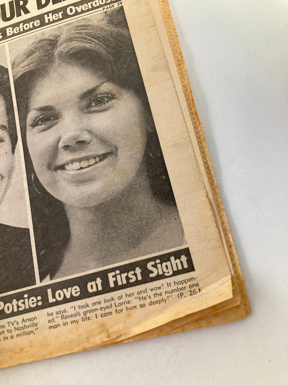 Close-up of Lorrie Mahaffey from the National Enquirer Tabloid December 7 1976 with the caption 'Potsie: Love at First Sight' highlighting her expression.