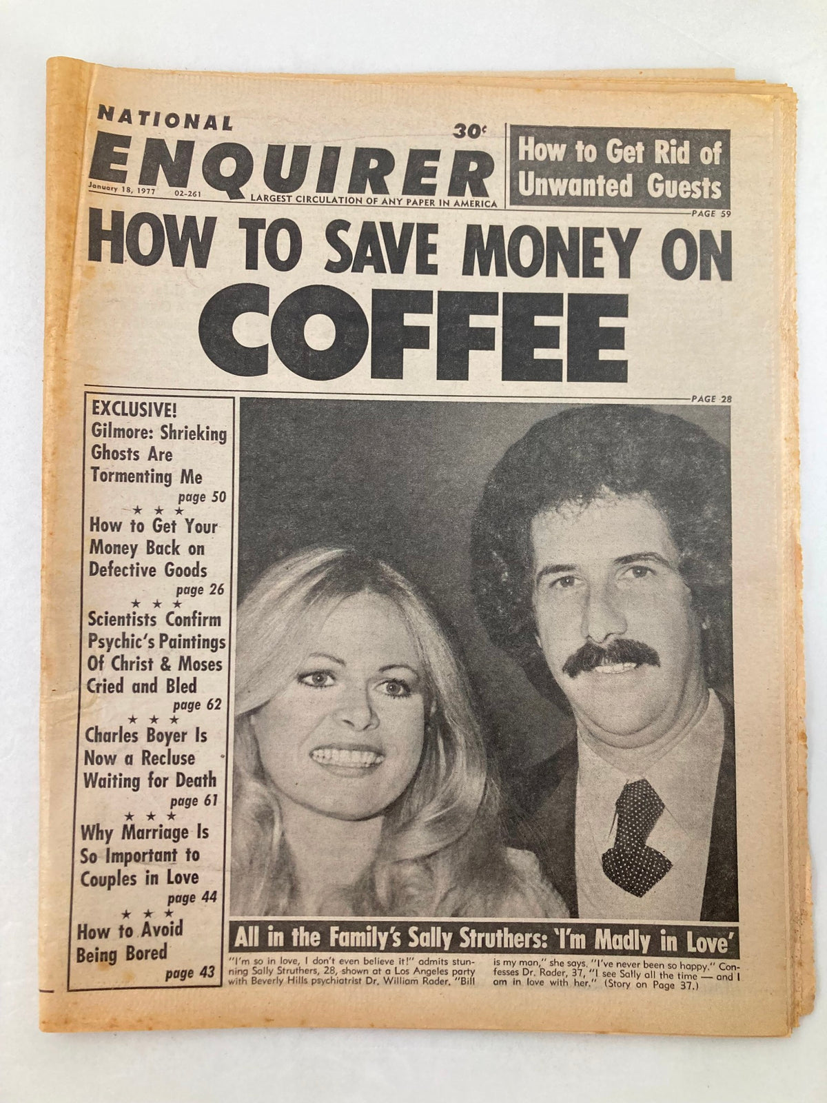 National Enquirer Tabloid January 18 1977 featuring Sally Struthers and Dr. William Rader with headlines about saving money on coffee and celebrity news.