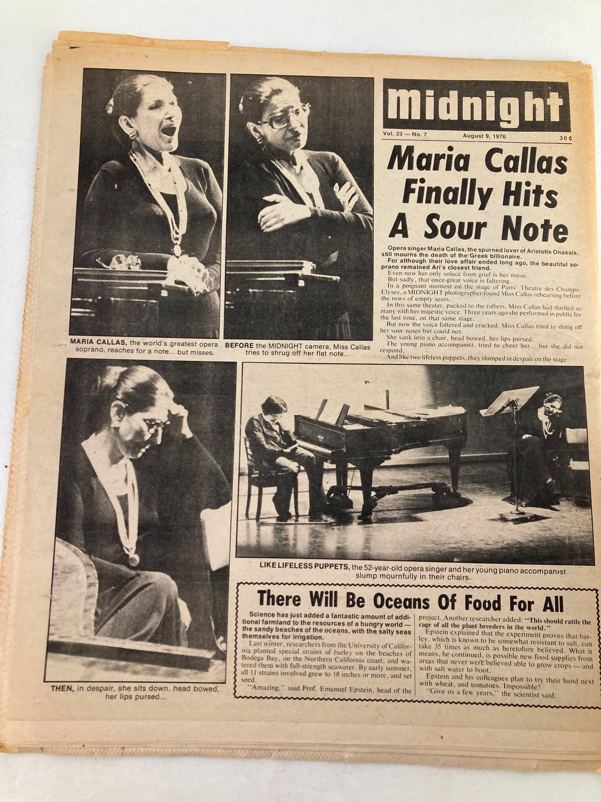 Midnight Tabloid August 9, 1976 Vol 23 #7 highlighting Maria Callas and her performance struggles, included inside stories and images, in good condition with some marks and wear.