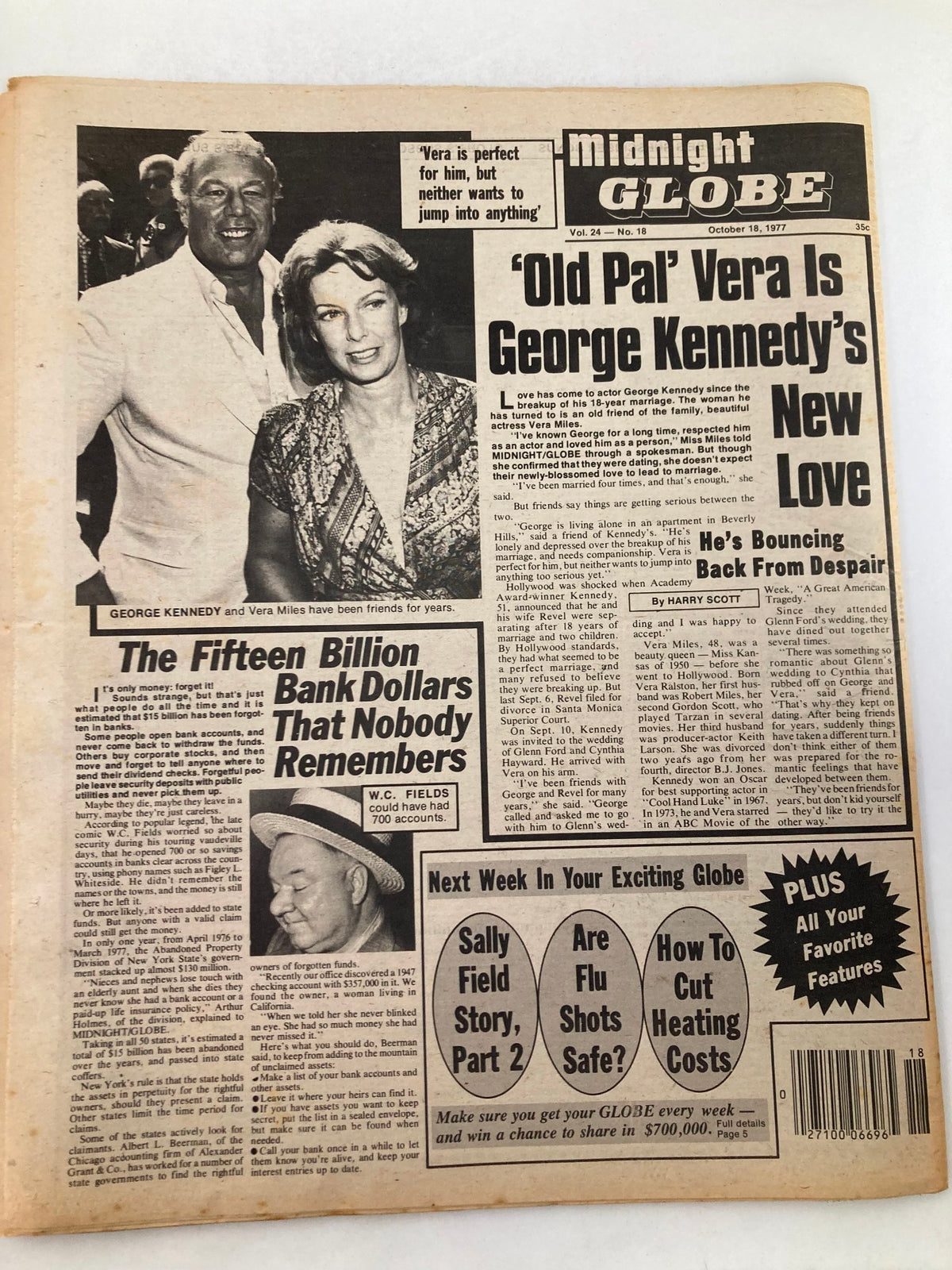 Back cover of Midnight Globe Tabloid October 18 1977 Vol 24 #18, featuring George Kennedy and information about his new love, alongside intriguing articles and features.