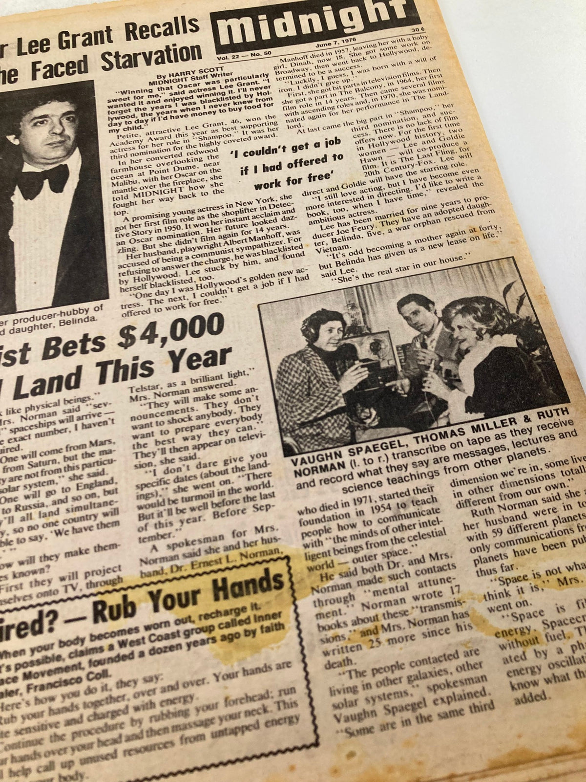 Midnight Tabloid June 7 1976 Vol 22 #50 covering Mary Hartman arrest and dope scandal, featuring images of featured news articles and personalities from the era.