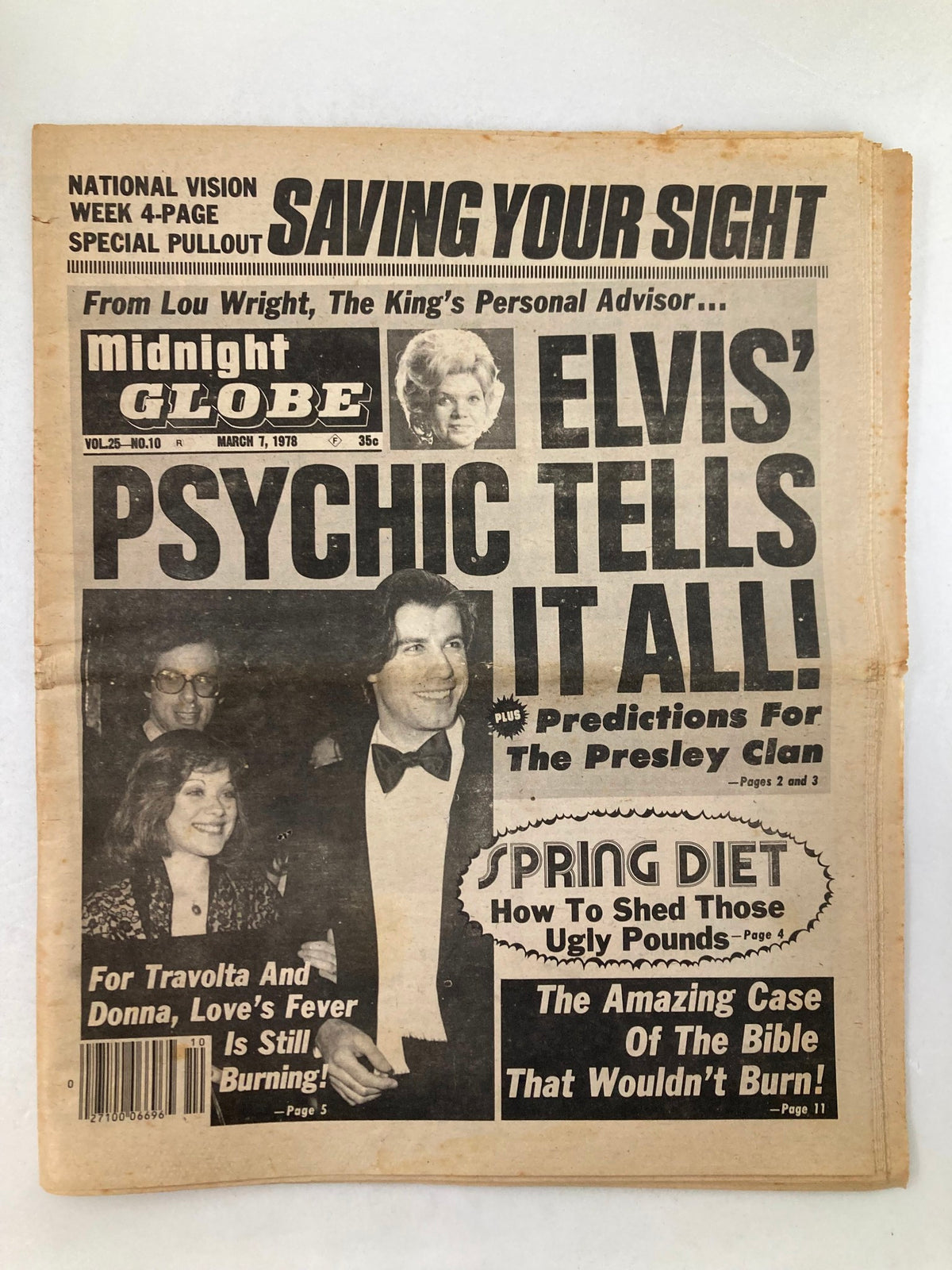 Midnight Globe Tabloid March 7 1978 Vol 25 #10 featuring John Travolta and Donna Summer on the cover, discussing Elvis Presley's predictions and a spring diet to lose weight.
