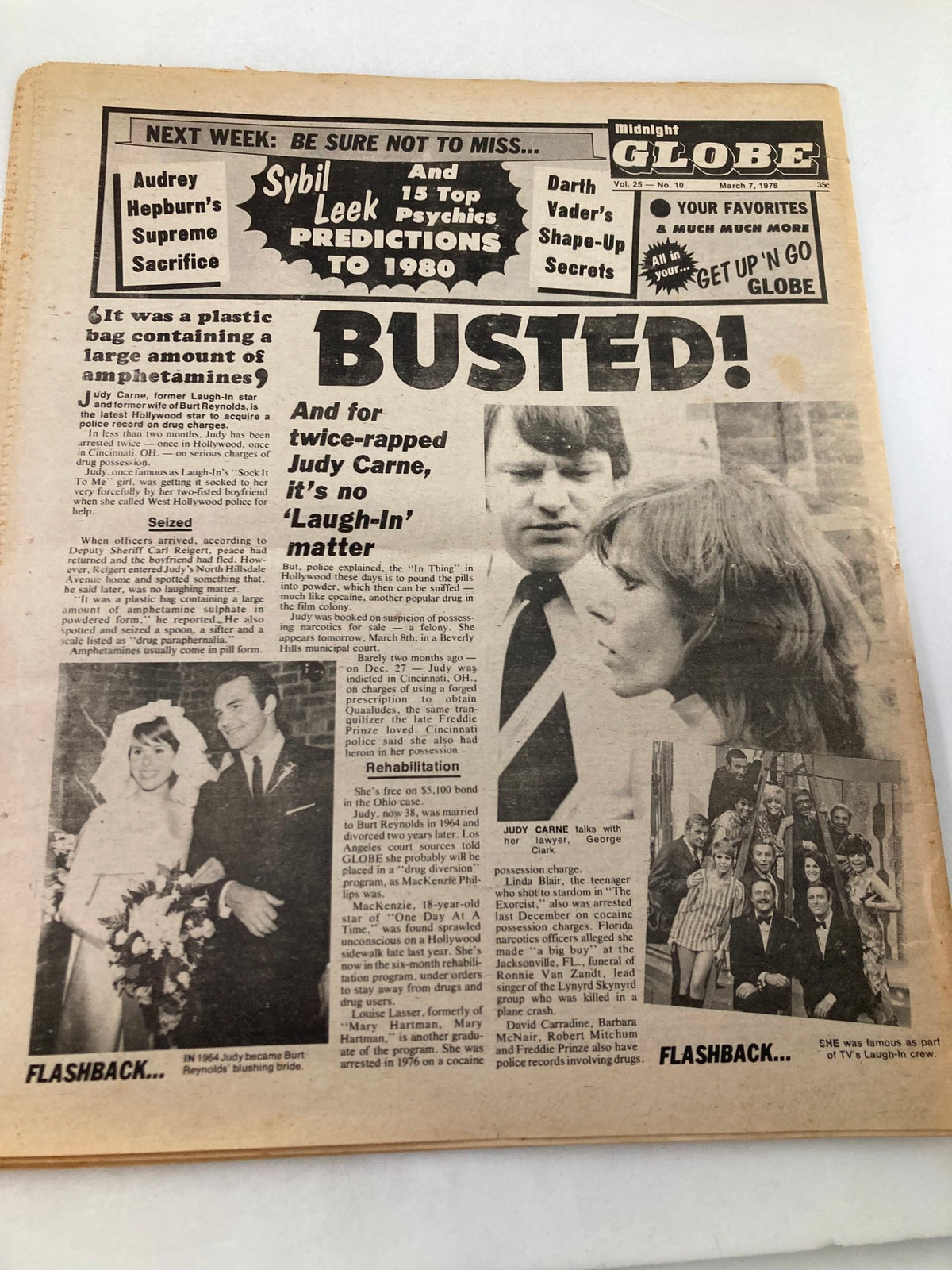 Midnight Globe Tabloid March 7 1978 Vol 25 #10 showcasing an article titled 'BUSTED!' with featured stories on Judy Carne and a wedding flashback.