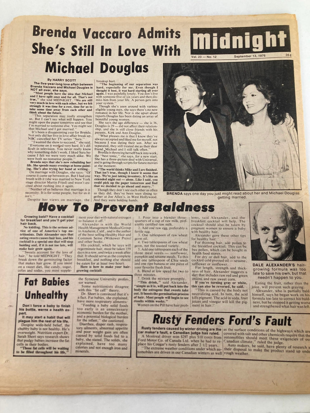 Inside page of Midnight Tabloid September 13, 1976, Vol 23 #12 showcasing Brenda Vaccaro's admission of love for Michael Douglas and health advice including baldness prevention.