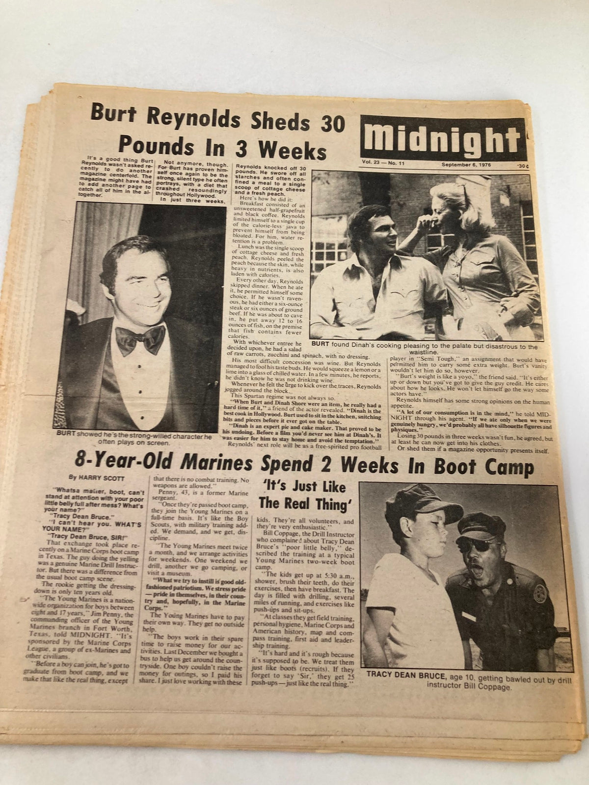 Midnight Tabloid September 6 1976 Vol 23 #11 featuring articles about Burt Reynolds, weight loss, and Marine training. The newspaper highlights entertainment and news from the 1970s.