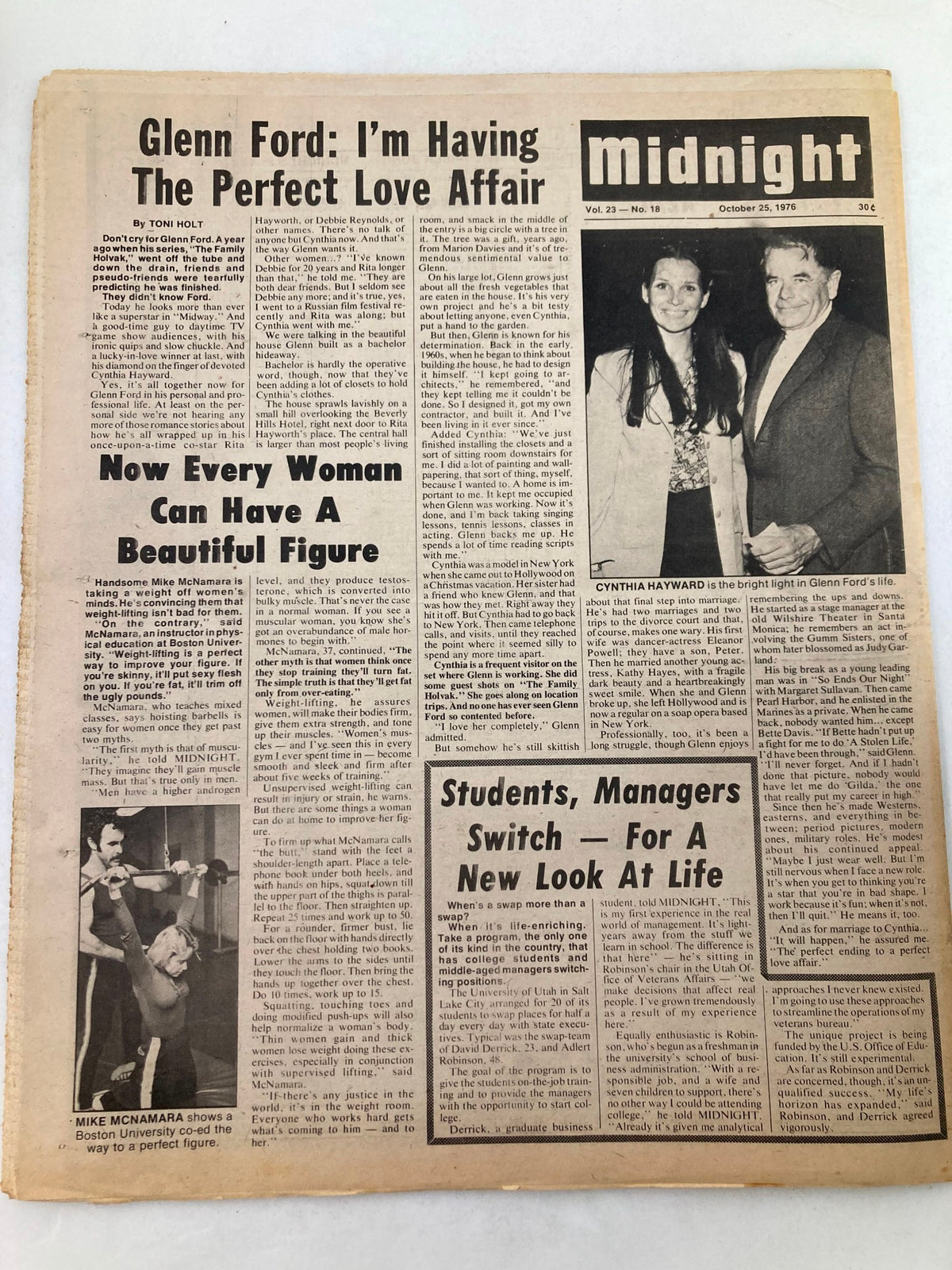 Midnight Tabloid October 25 1976 Vol 23 #18 showcasing Glenn Ford discussing his love life, with additional articles about beauty and celebrity insights.