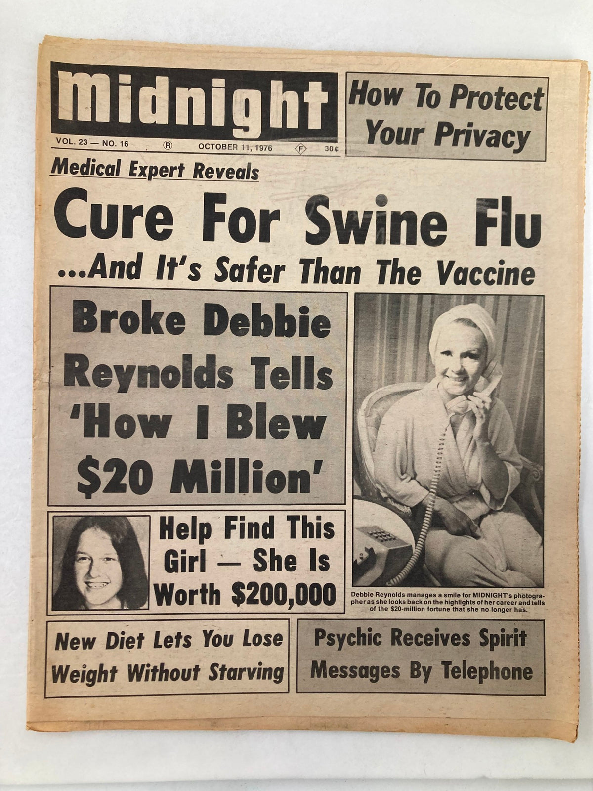 Midnight Tabloid October 11 1976 Vol 23 #16 featuring headlines about Debbie Reynolds and Miss Miller, with a focus on Swine Flu cure information and advertising for psychic services.