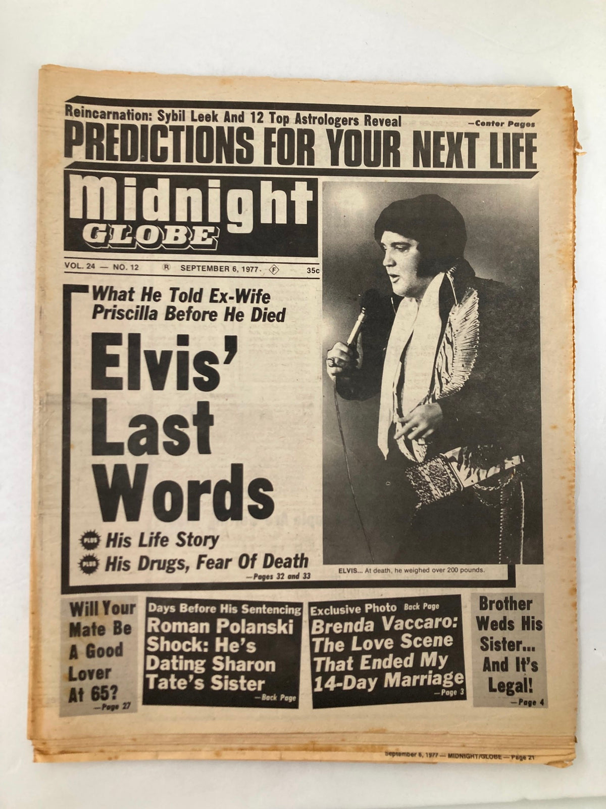 Midnight Globe tabloid, September 6, 1977, Vol 24 #12 featuring Elvis Presley's last words, discussing his life story, drugs, and fear of death.