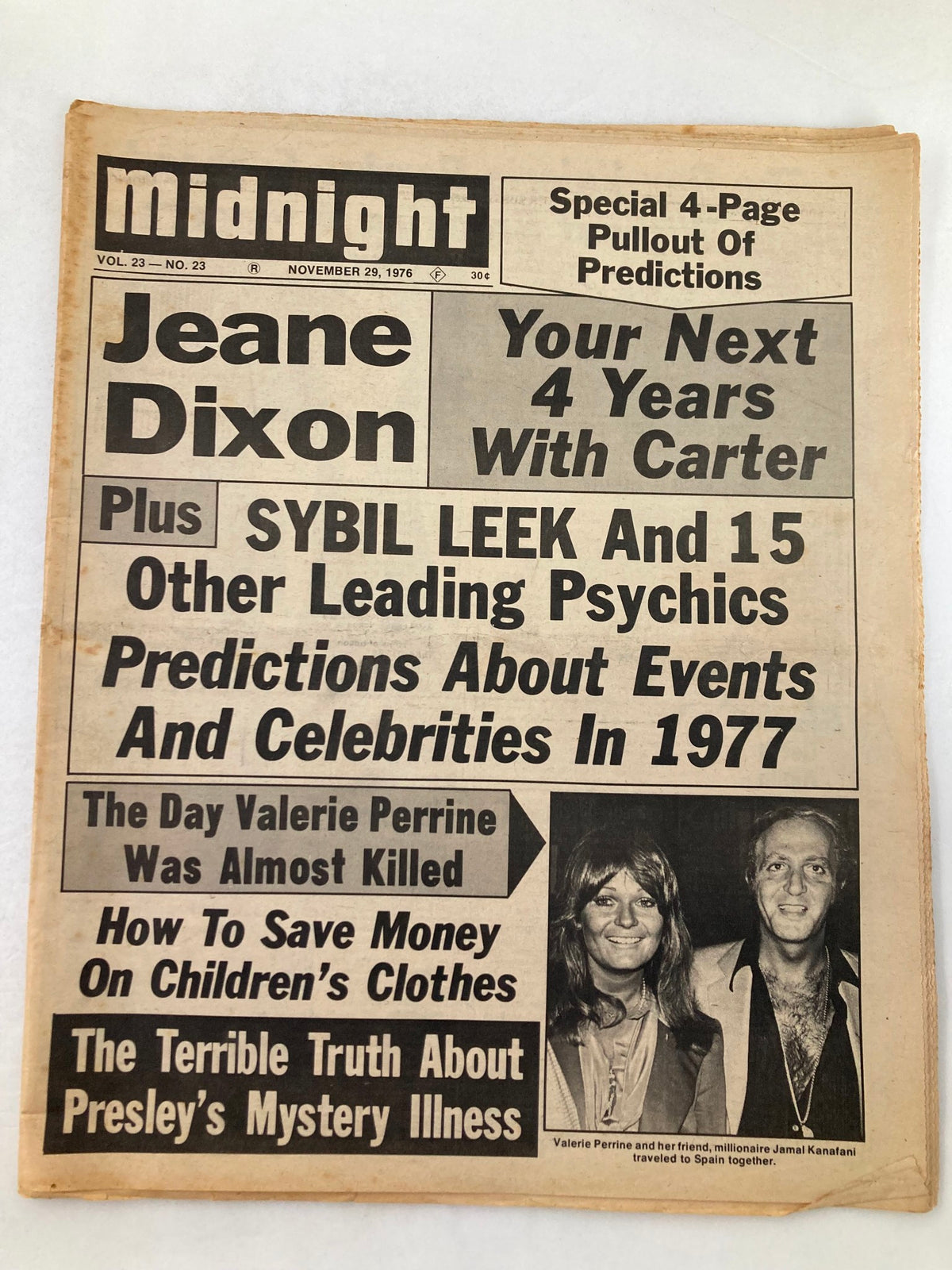 Midnight Tabloid November 29 1976 Vol 23 #23 featuring Valerie Perrine and Jamal Kanafani. The cover includes headlines about predictions for 1977 and notable psychics like Jeane Dixon and Sybil Leek.