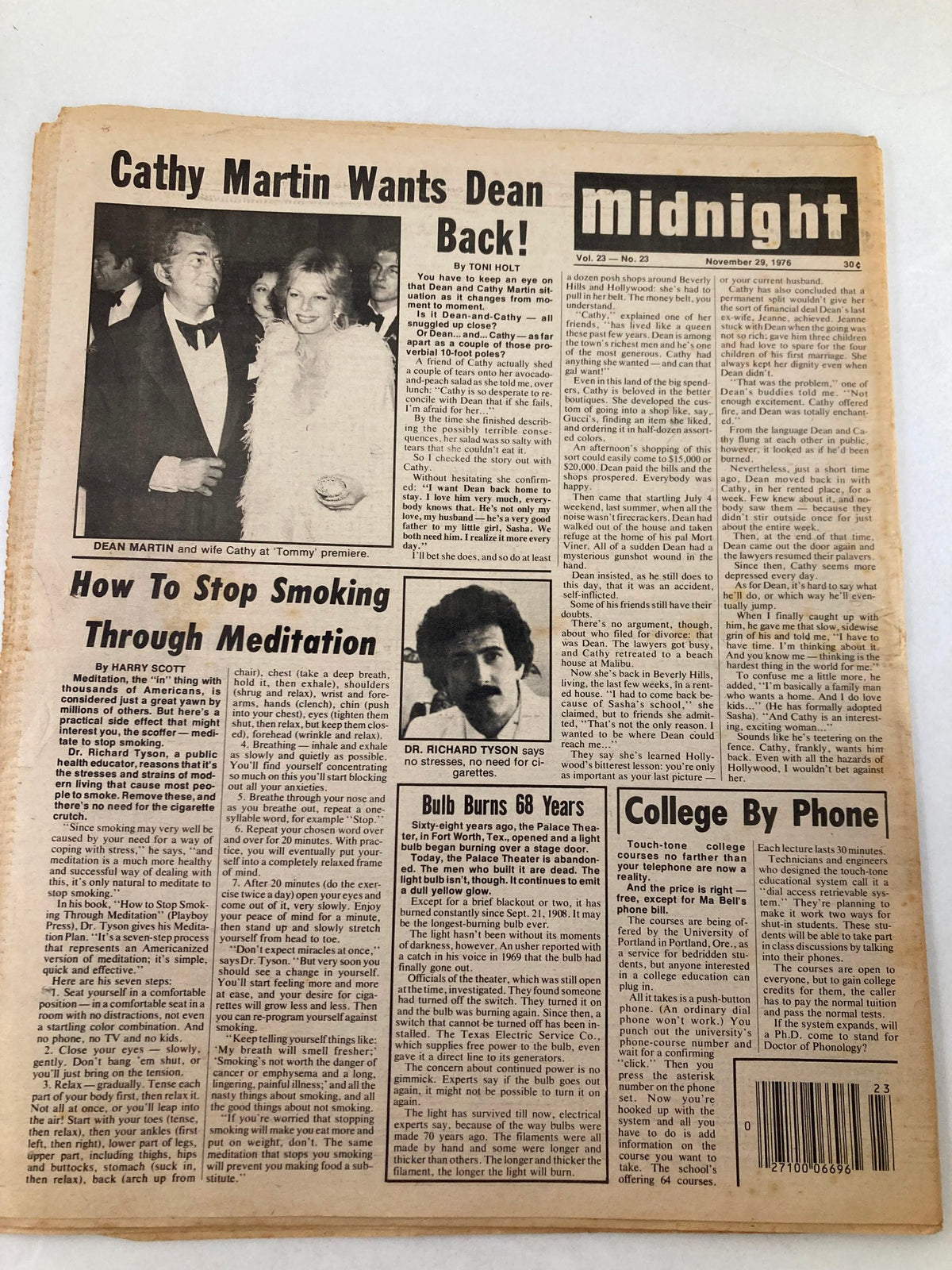 Newspaper page from Midnight Tabloid, November 29, 1976, Vol 23 #23. Features article headlines, including 'Cathy Martin Wants Dean Back!' and 'How To Stop Smoking Through Meditation'. Contains information about notable figures and lifestyle content.
