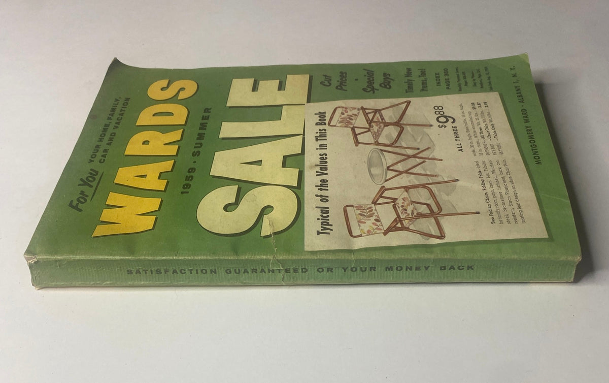 Side view of the 1959 Wards Summer Catalog showcasing the vibrant sale cover highlighting outdoor furniture at affordable prices.