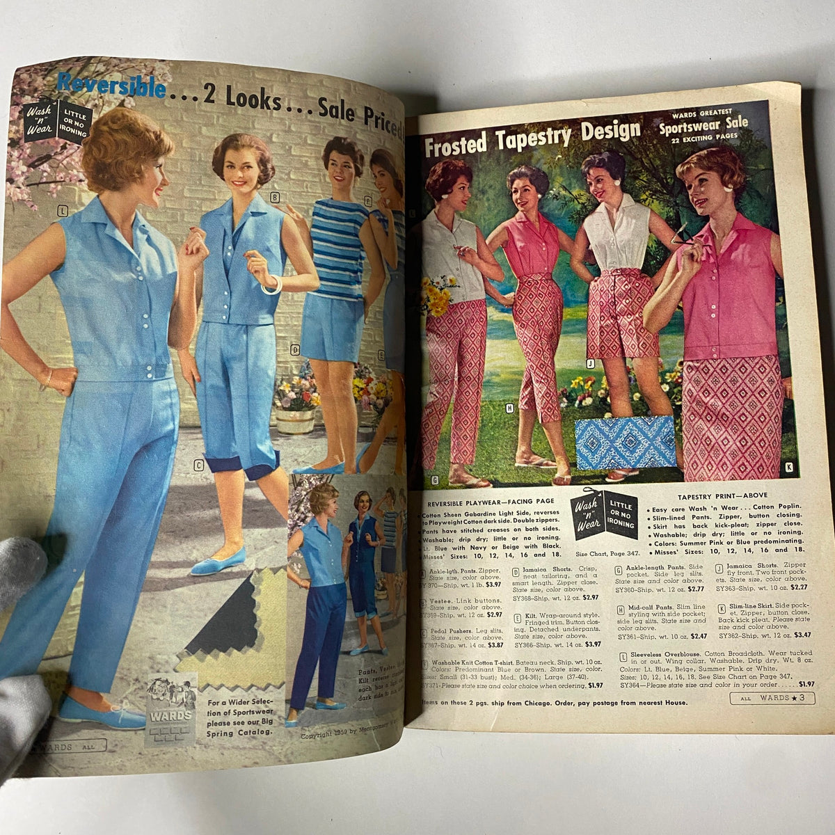 Interior page from the 1959 Wards Summer Catalog featuring women's sportswear with colorful outfits, showcasing fashion trends of the late 1950s.
