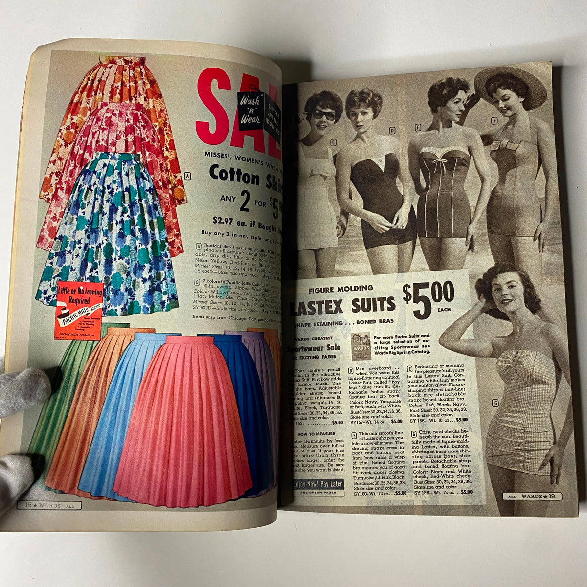 Interior page from the 1959 Wards Summer Catalog highlighting an array of cotton skirts and swimsuits available for purchase, emphasizing sales.