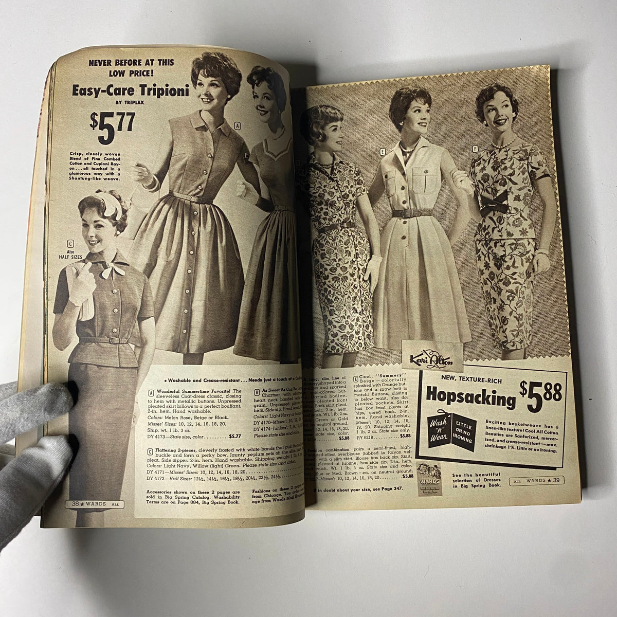 Fashion page from the 1959 Wards Summer Catalog featuring models in summer dresses and outfits. Highlights include Easy-Care Tripioni dress priced at $5.77 and ladies' clothing styles.