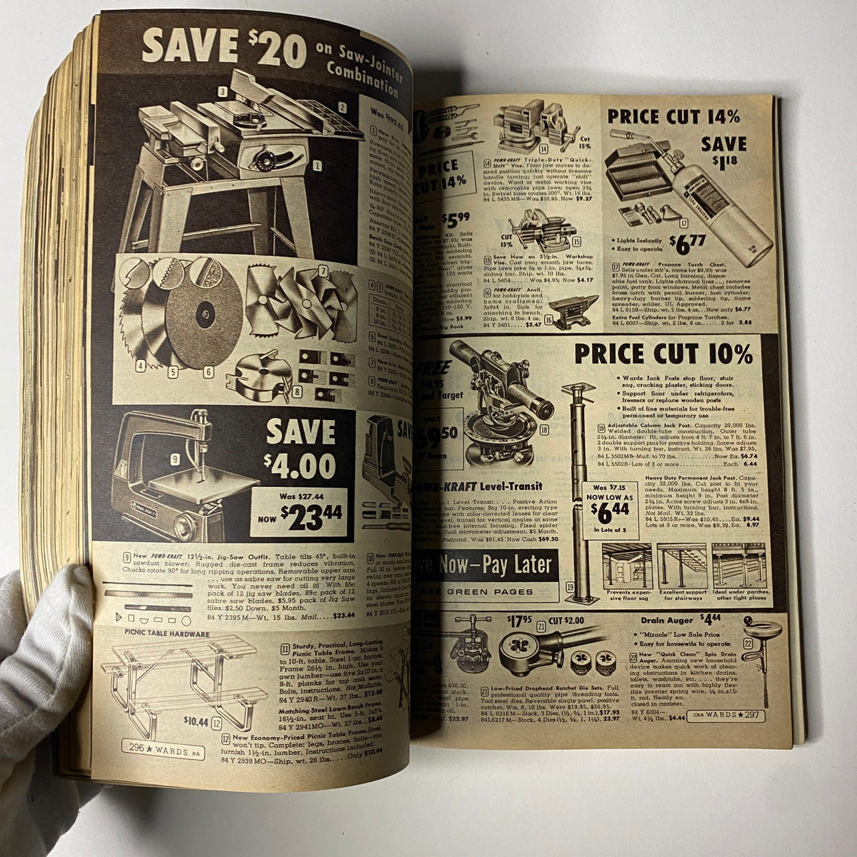 Home improvement tools page from the 1959 Wards Summer Catalog featuring woodworking tools with discounted prices. Displays various products including mounts and saws.