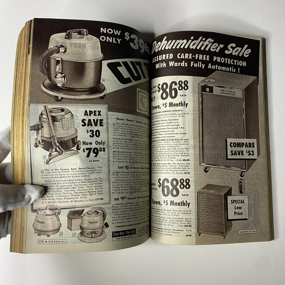 Appliances page from the 1959 Wards Summer Catalog featuring a vacuum cleaner and dehumidifier with special pricing. Highlighted offers include an Apex vacuum for $79.88.