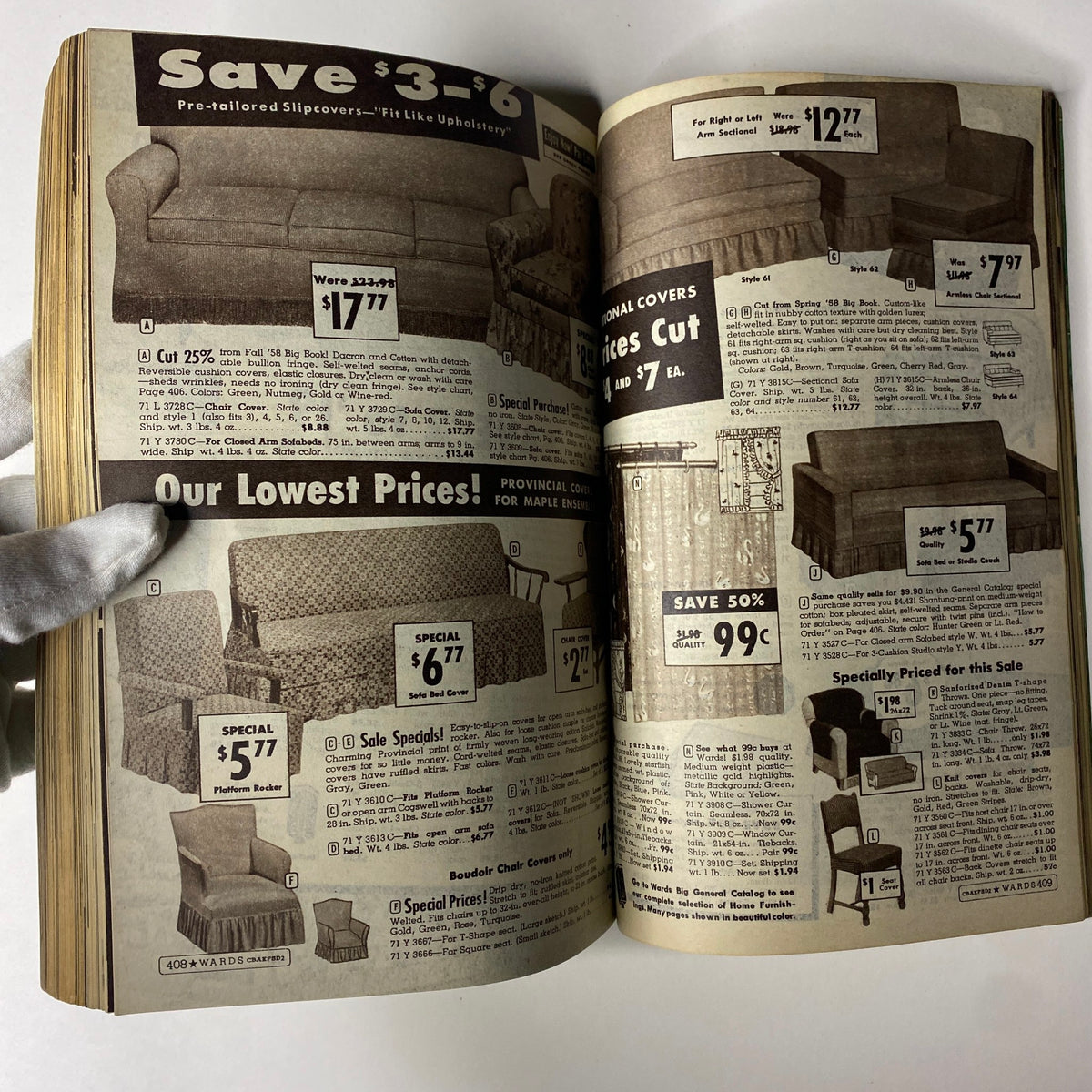 Interior page from the 1959 Wards Summer Catalog featuring furniture slipcovers and prices, showcasing various styles and discounts.