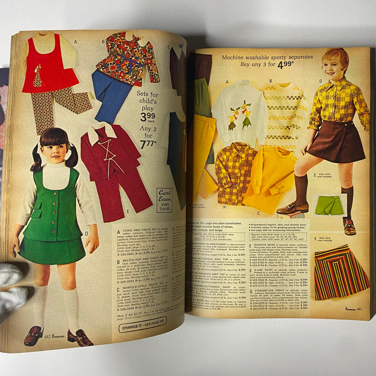 1970 JC Penneys Fall and Winter Store Catalog displaying children's clothing sets, including colorful outfits and playful designs for young boys and girls.