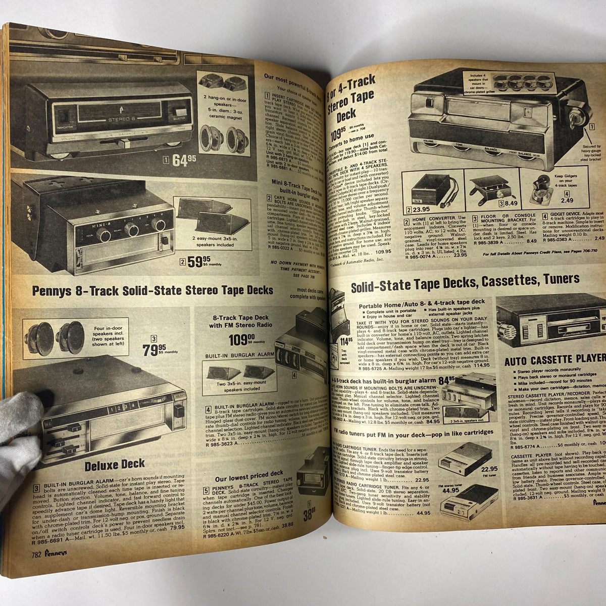 1970 JC Penneys Fall and Winter Store Catalog displaying a variety of 8-track stereo tape decks and audio equipment, representing popular music technology of the time.