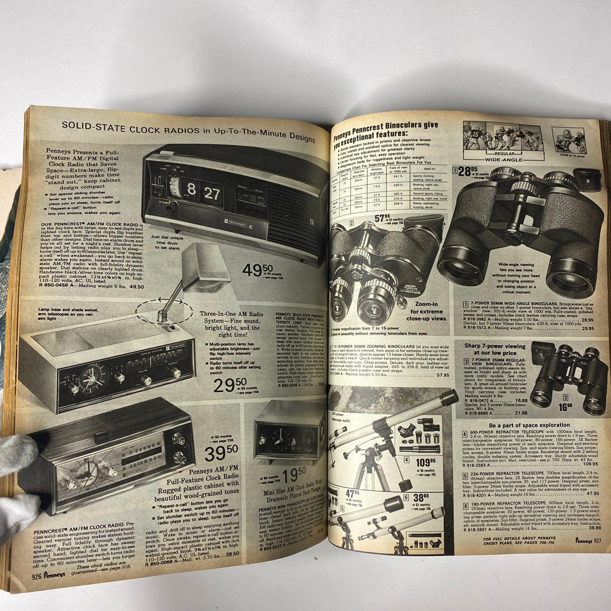 1970 JC Penneys Fall and Winter Store Catalog illustrating solid-state clock radios and binoculars, exemplifying innovative home and outdoor products from the 1970s.