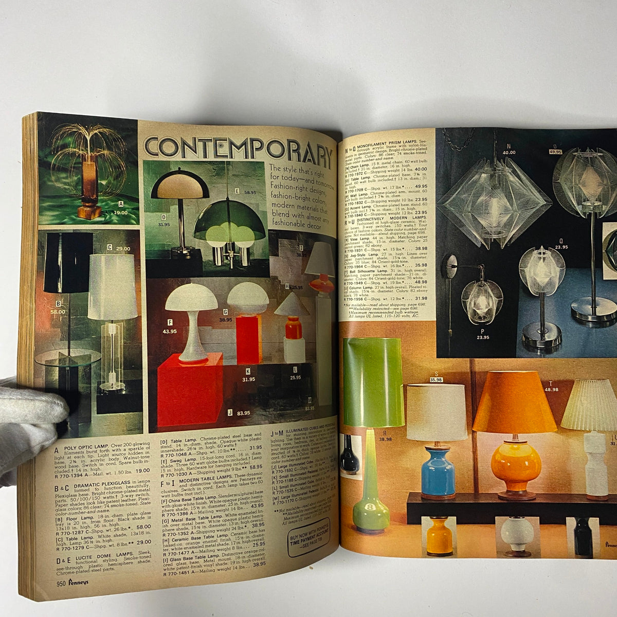 Image from the 1970 JC Penneys Fall and Winter Store Catalog showcasing contemporary lamps, including designs like the Poly Optic Lamp and decorative light fixtures with clear pricing details.