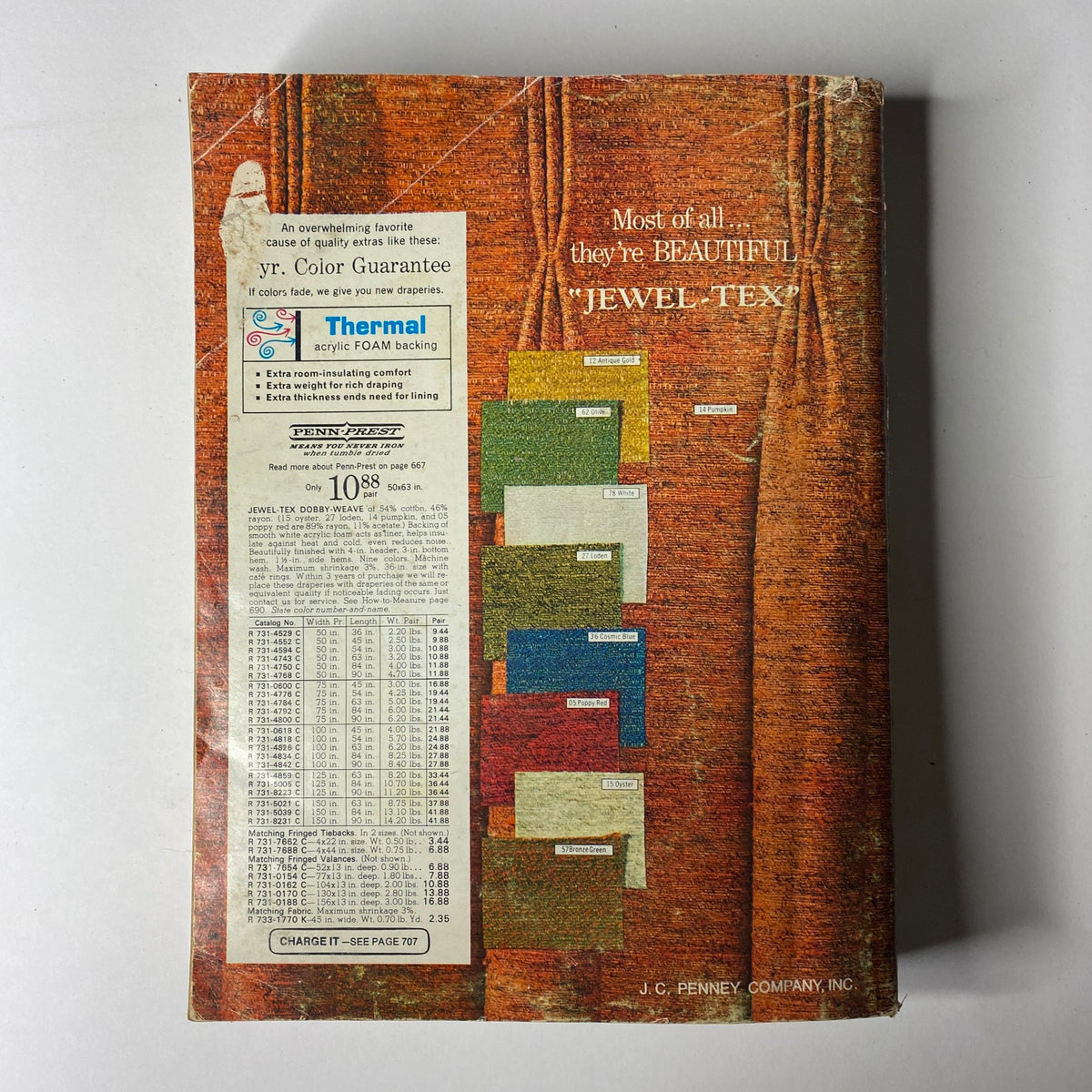 Back cover of the 1970 JC Penneys Fall and Winter Store Catalog displaying fabric samples and pricing details for Jewel Tex drapery, emphasizing color guarantee features.