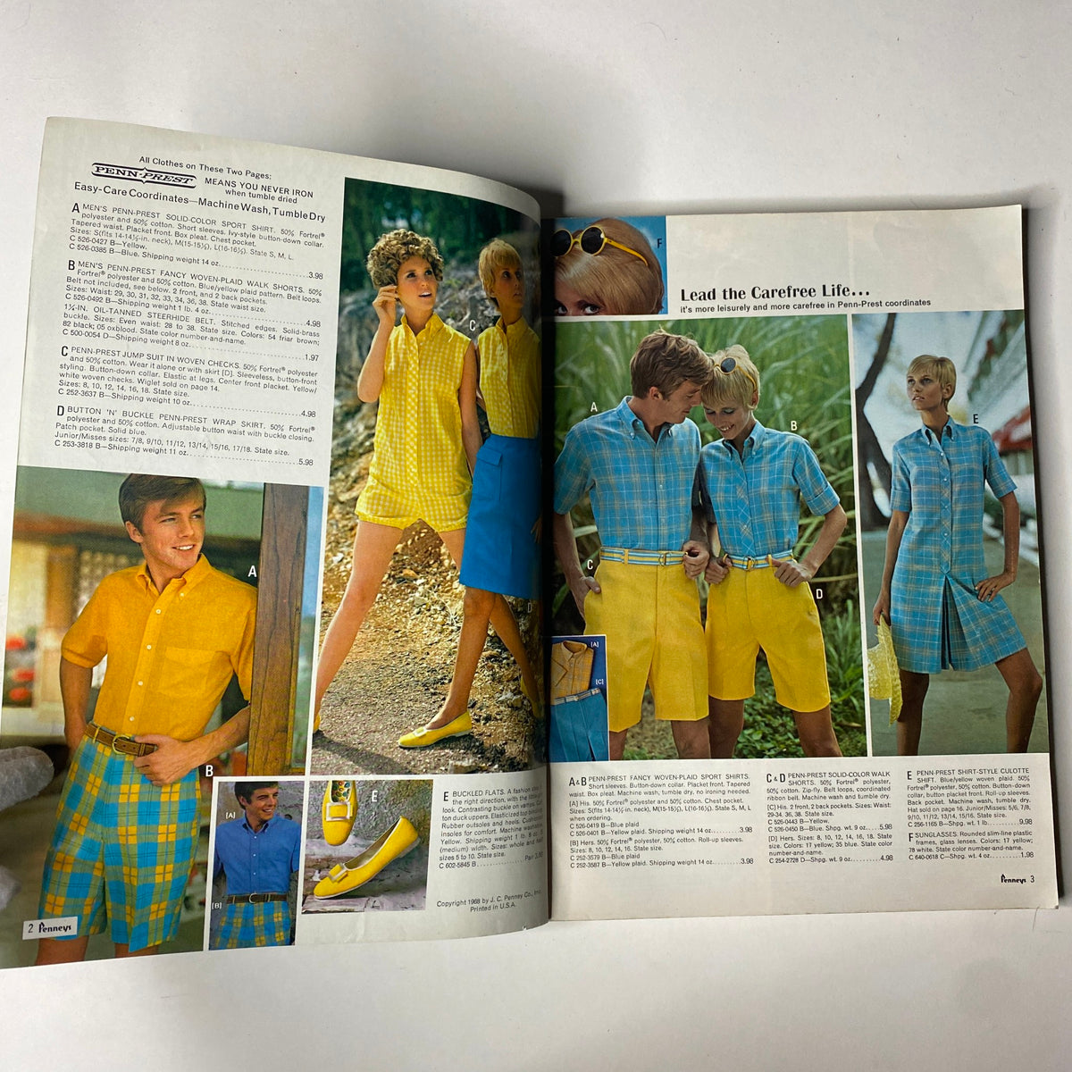 Interior pages of the 1968 JC Penneys Summer Store Catalog showcasing colorful summer outfits for men and women, including shorts and shirts in vibrant patterns.