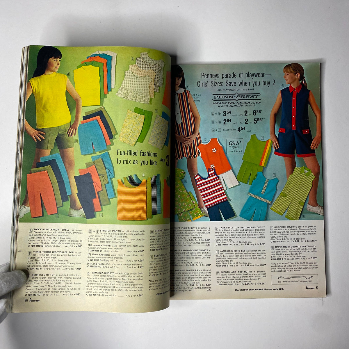 Children's summer playwear assortment from the 1968 JC Penneys Summer Store Catalog showcasing colorful outfits including shorts, shirts, and dresses.