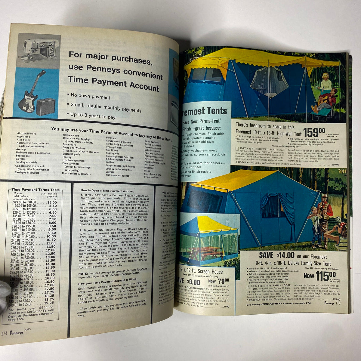 1968 JC Penneys Summer Store Catalog page displaying camping tents and outdoor equipment with product descriptions and prices.