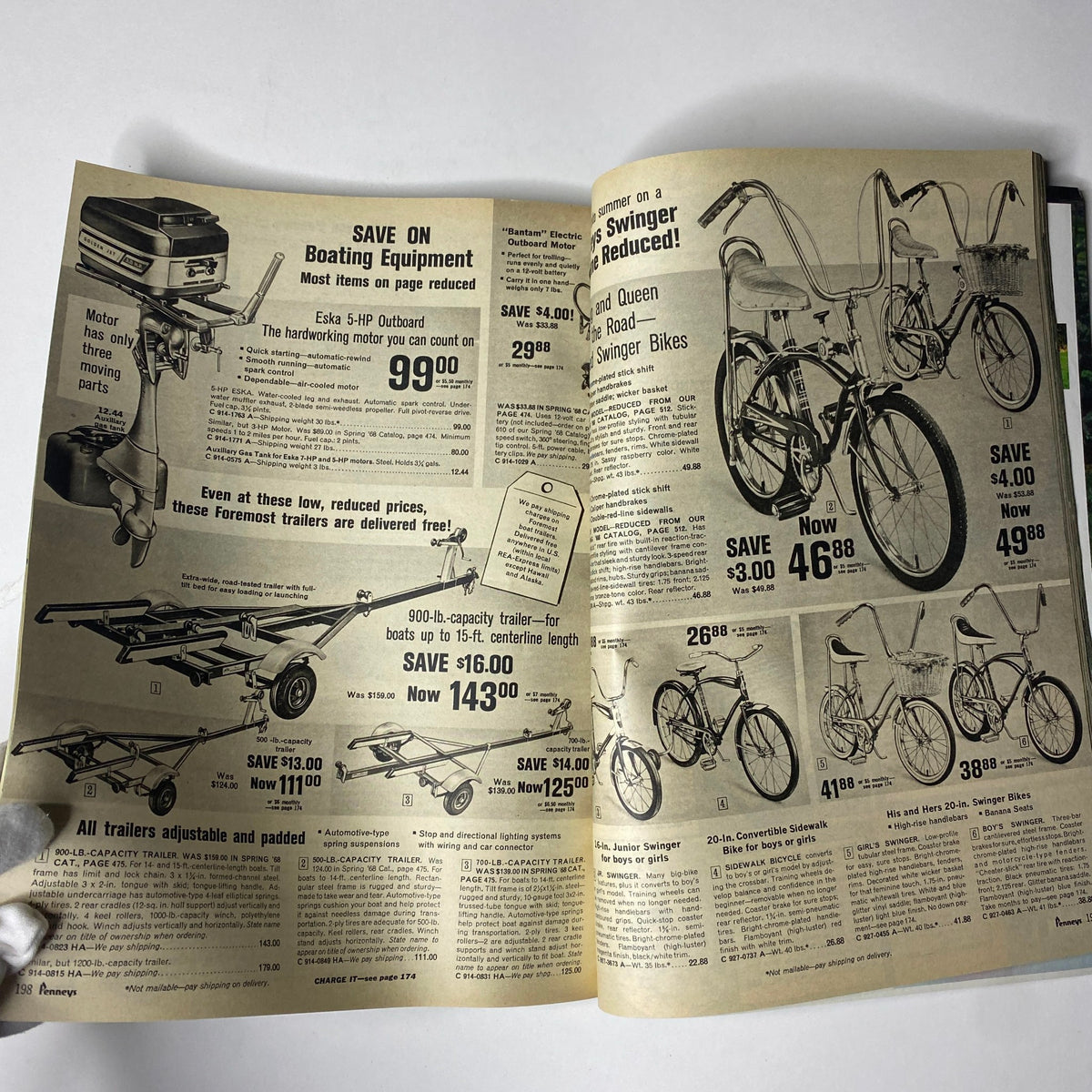 Details from the 1968 JC Penneys Summer Store Catalog featuring boating equipment, including Eska outboard motor and various trailers, showcasing summer sales.