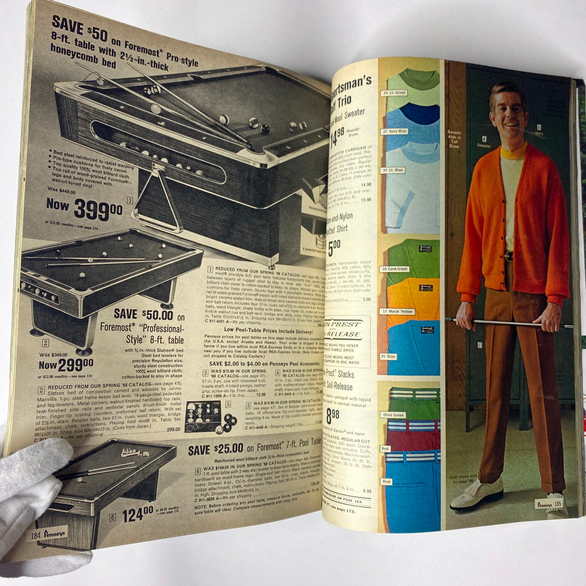 Inside page from the 1968 JC Penneys Summer Store Catalog displaying pool tables and sports apparel, highlighting summer discounts and styles.