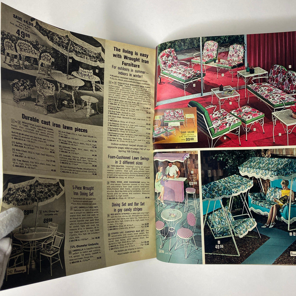 Colorful indoor and outdoor furniture showcased in the 1968 JC Penneys Summer Store Catalog, featuring wrought iron furniture perfect for summer.