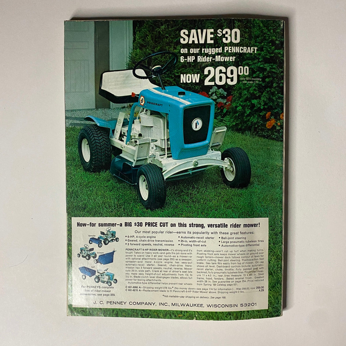 Back cover of the 1968 JC Penneys Summer Store Catalog featuring the Penncraft 6-HP rider-mower, promoting summer discounts on powerful garden equipment.