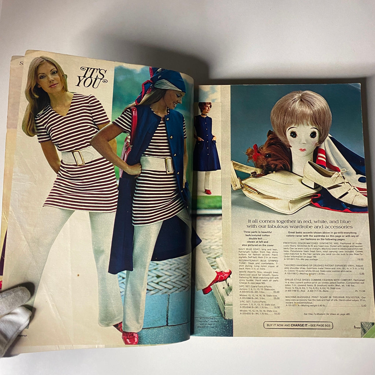 Fashion spread from the 1971 JC Penneys Spring and Summer Store Catalog illustrating models in striped and coordinated outfits, showcasing vintage styles and accessories.
