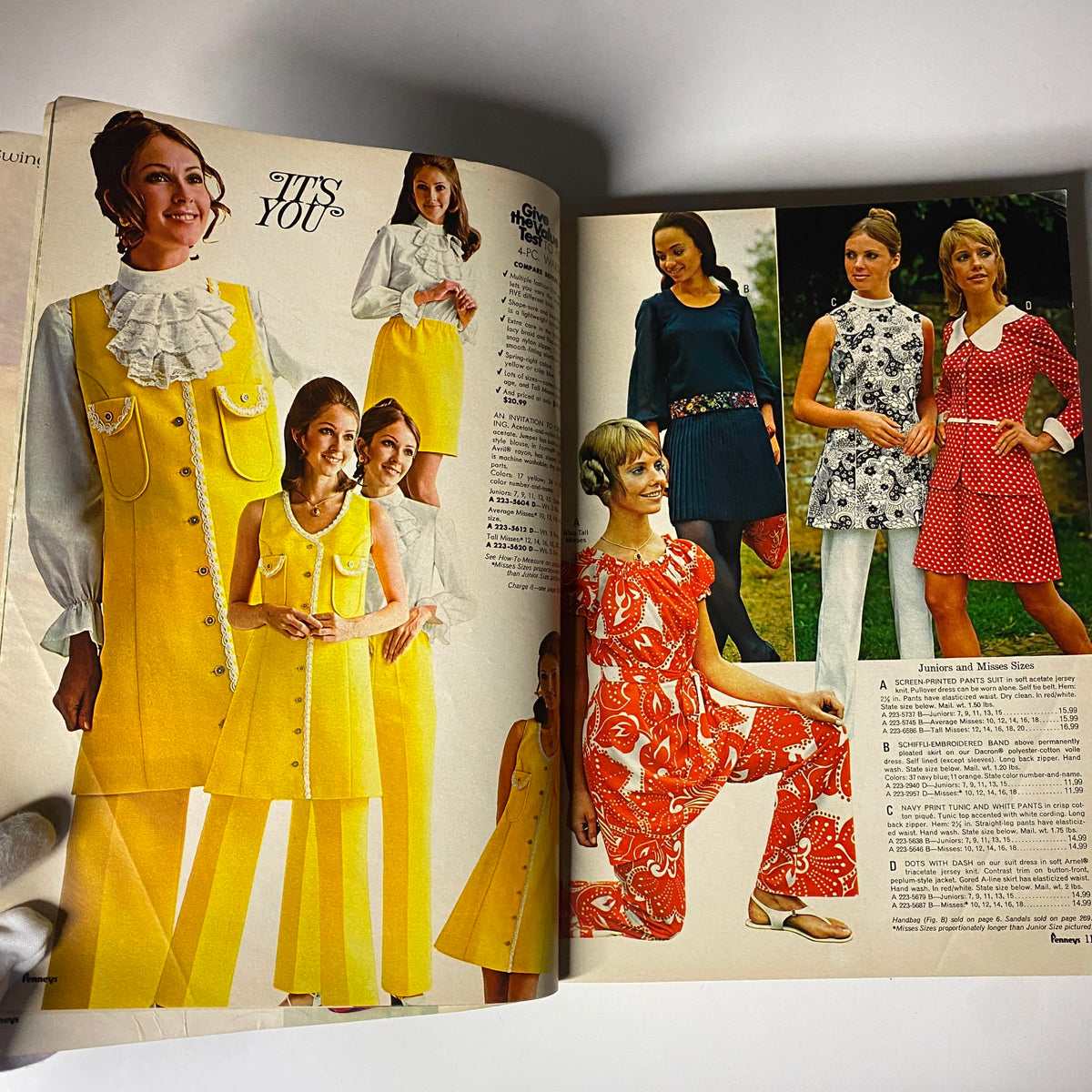 Colorful fashion layout from the 1971 JC Penneys Spring and Summer Store Catalog featuring models in 1970s inspired clothing, including a yellow outfit and various patterns, representing mid-century fashion.