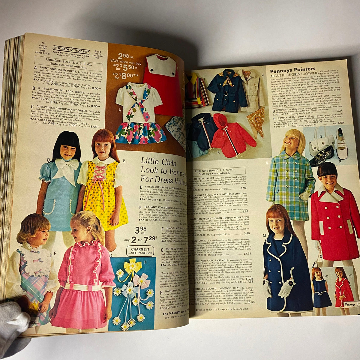 1971 JC Penneys Spring and Summer Store Catalog displaying toddler girls' clothing options, highlighting vibrant dresses and matching accessories with pricing details.