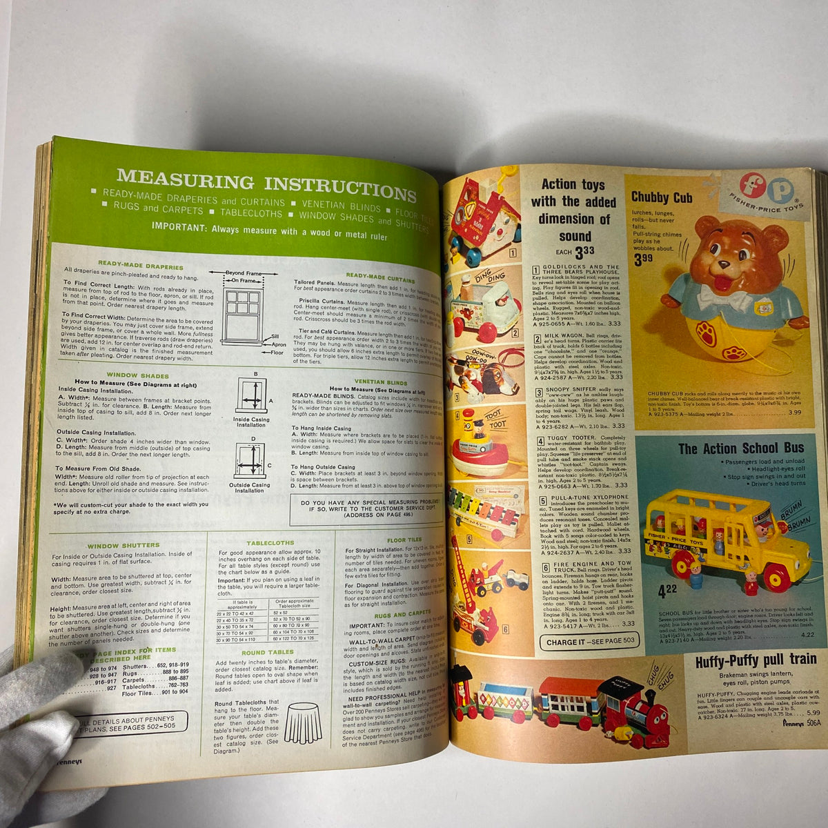 1971 JC Penneys Spring and Summer Store Catalog featuring measuring instructions for draperies and curtains alongside toy options for children with prices.