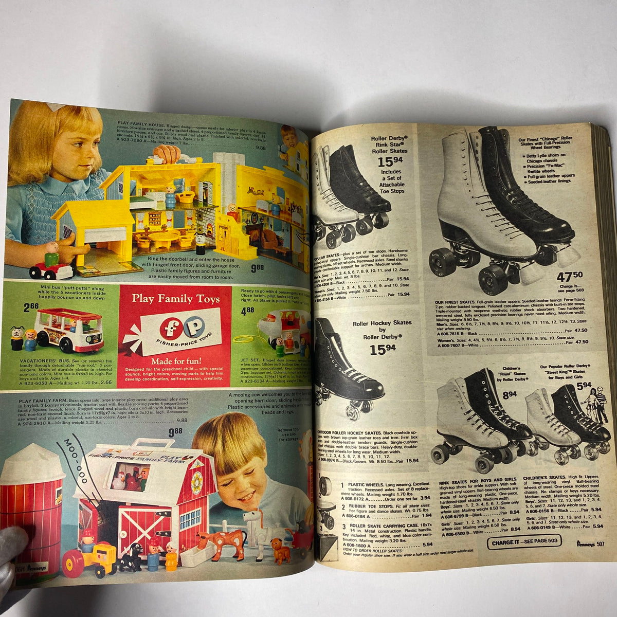 1971 JC Penneys Spring and Summer Store Catalog featuring children playing with Fisher-Price toys, including a Play Family House and Roller Derby roller skates.