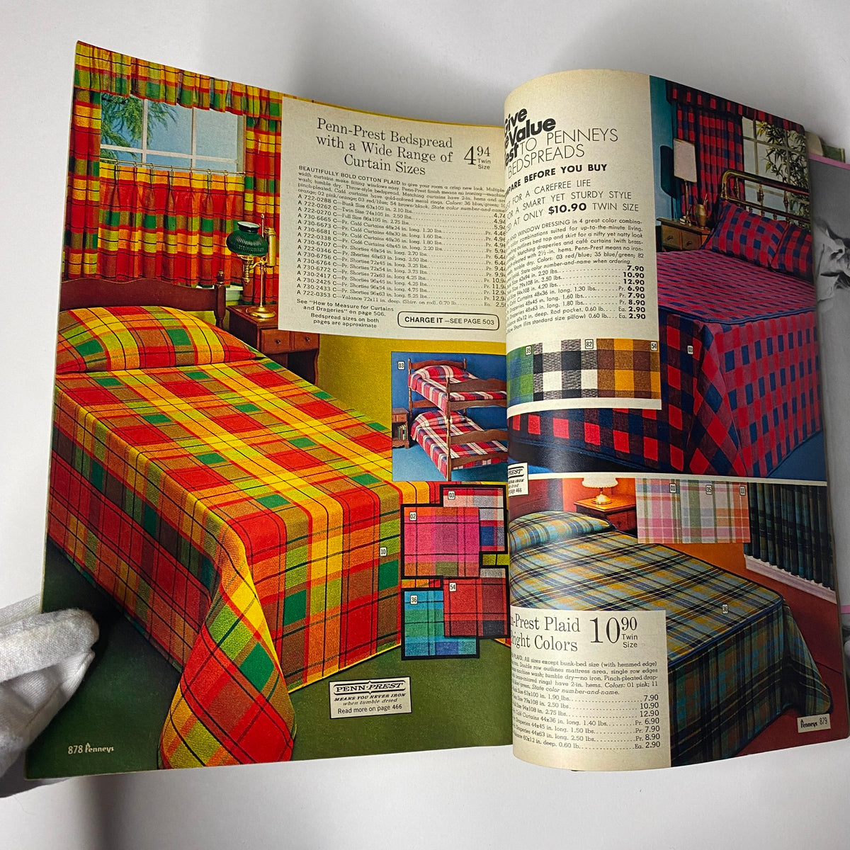 1971 JC Penneys Spring and Summer Catalog showcasing vibrant plaid bedspreads and curtains, featuring various sizes and colors available for home decoration.