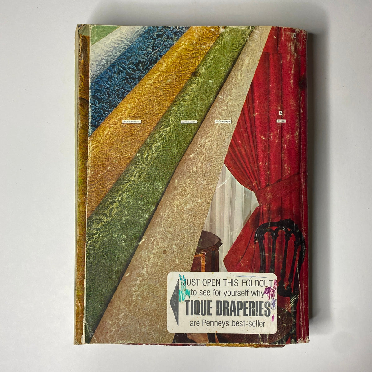 Cover of the 1971 JC Penneys Spring and Summer Catalog displaying colorful fabric swatches and drapery samples, highlighting interior design options from Penney's.