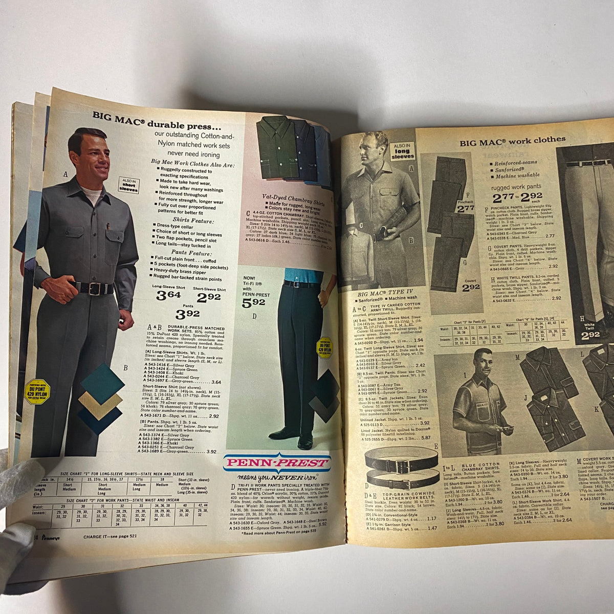 1966 JC Penneys Spring and Summer Store Catalog displaying men's work clothing options including Big Mac durable press work sets.