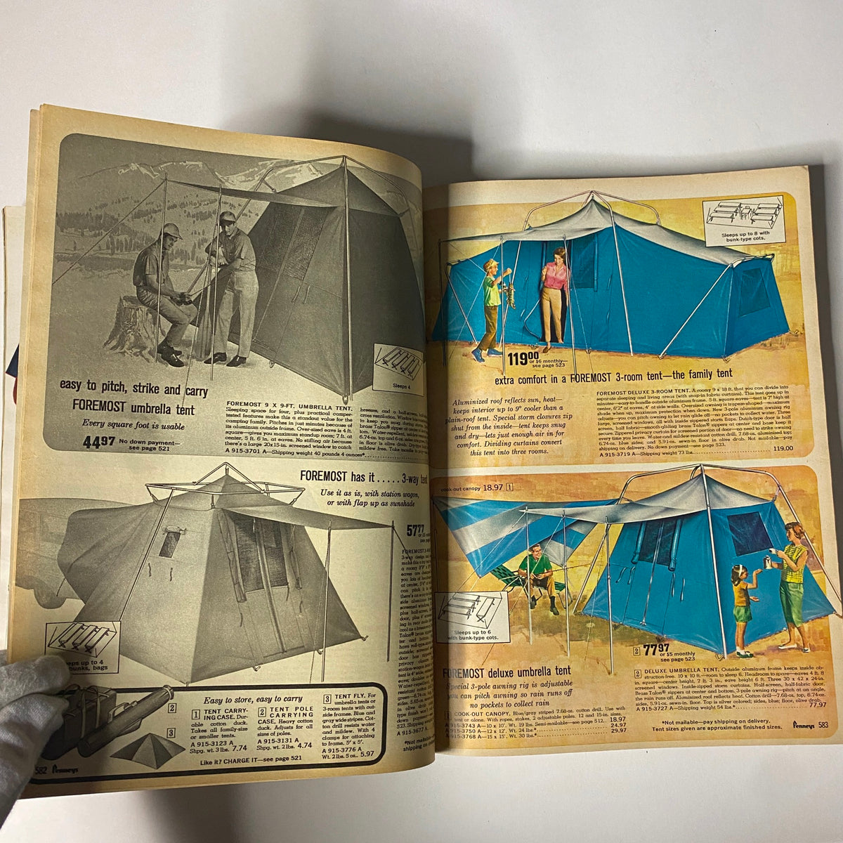 1966 JC Penneys Spring and Summer Store Catalog featuring outdoor camping tents, highlighting the Formost family tent and its specifications.