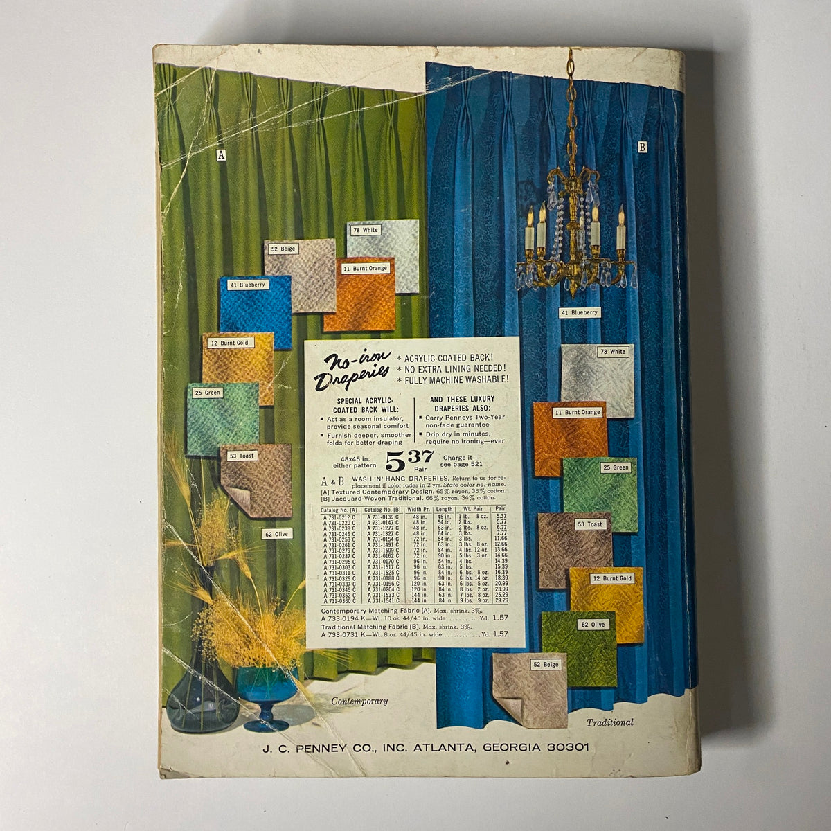 Back cover of the 1966 JC Penneys Spring and Summer Store Catalog featuring colorful drapery samples including beige, green, burnt gold, and blue, along with a vintage chandelier. Highlights the catalog's focus on home furnishings for mid-1960s Americana.