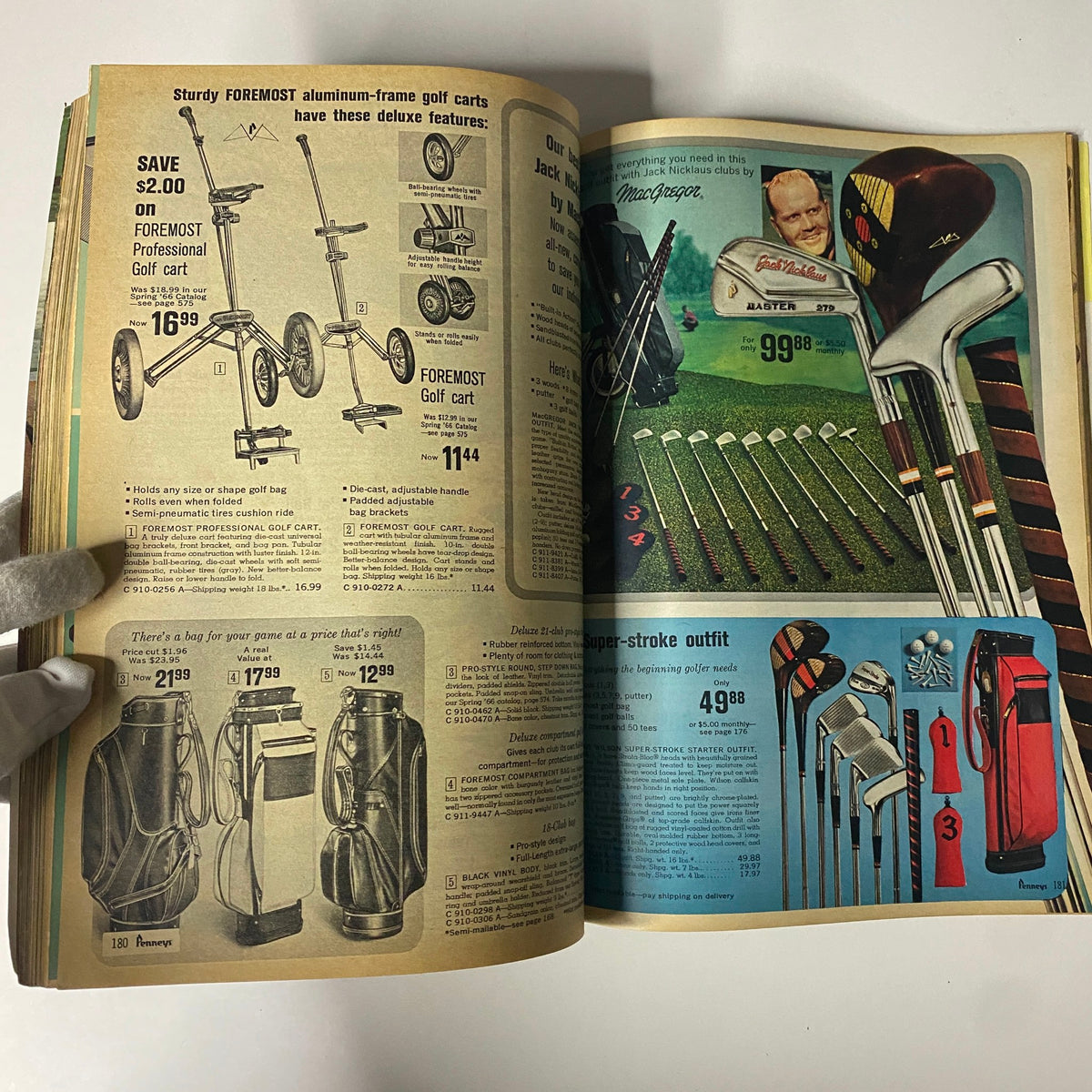 Detailed page from the 1966 JC Penneys Summer Store Catalog displaying golf equipment and accessories along with featured pricing.