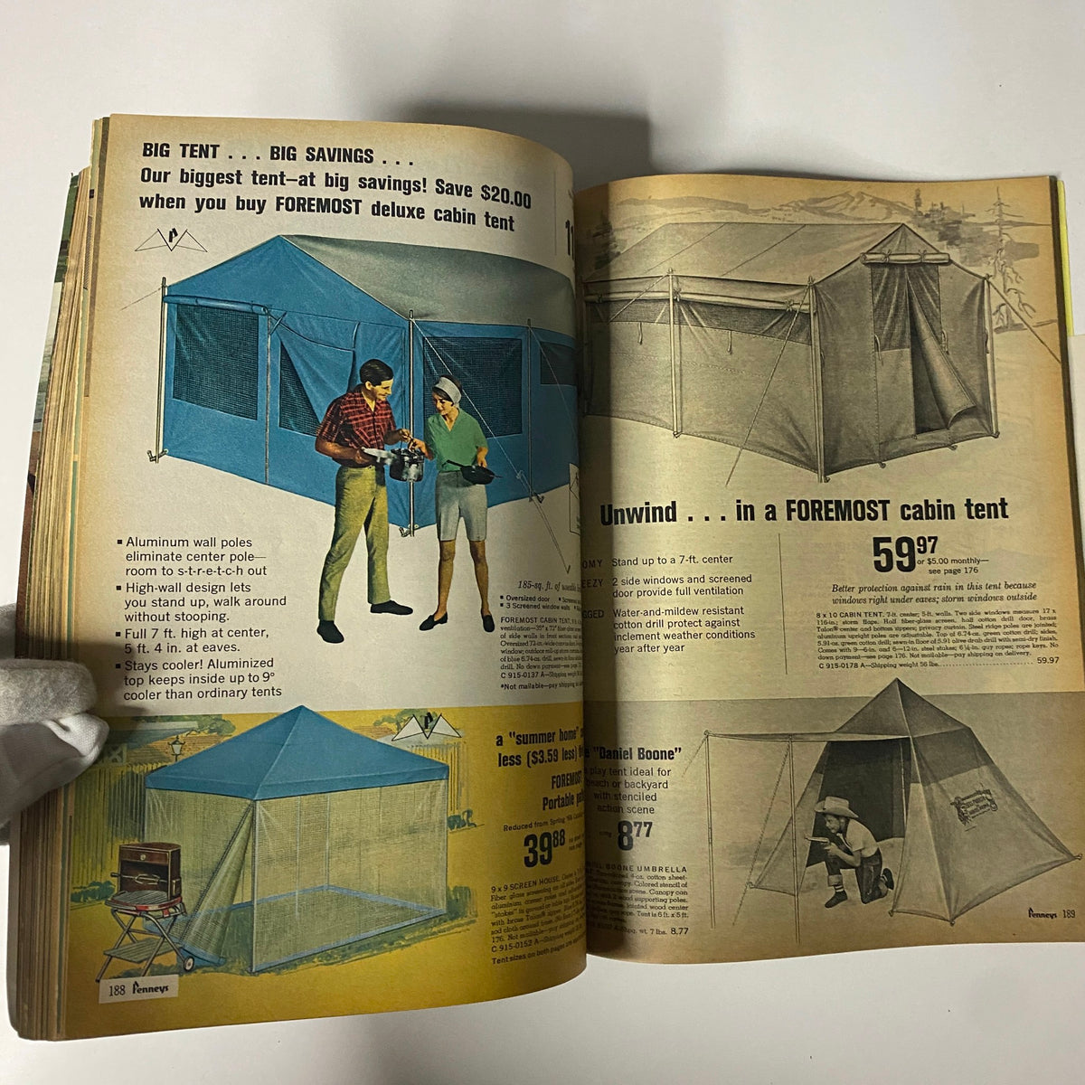 Illustrative page from the 1966 JC Penneys Summer Store Catalog highlighting various tents and outdoor gear availability with special pricing.
