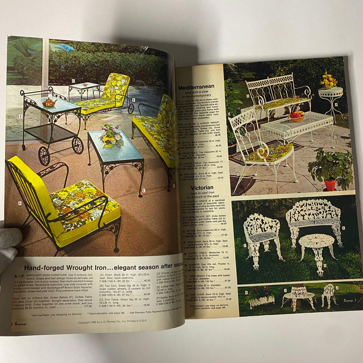 1966 JC Penneys Summer Store Catalog featuring hand-crafted wrought iron outdoor furniture displayed in a vibrant garden setting.