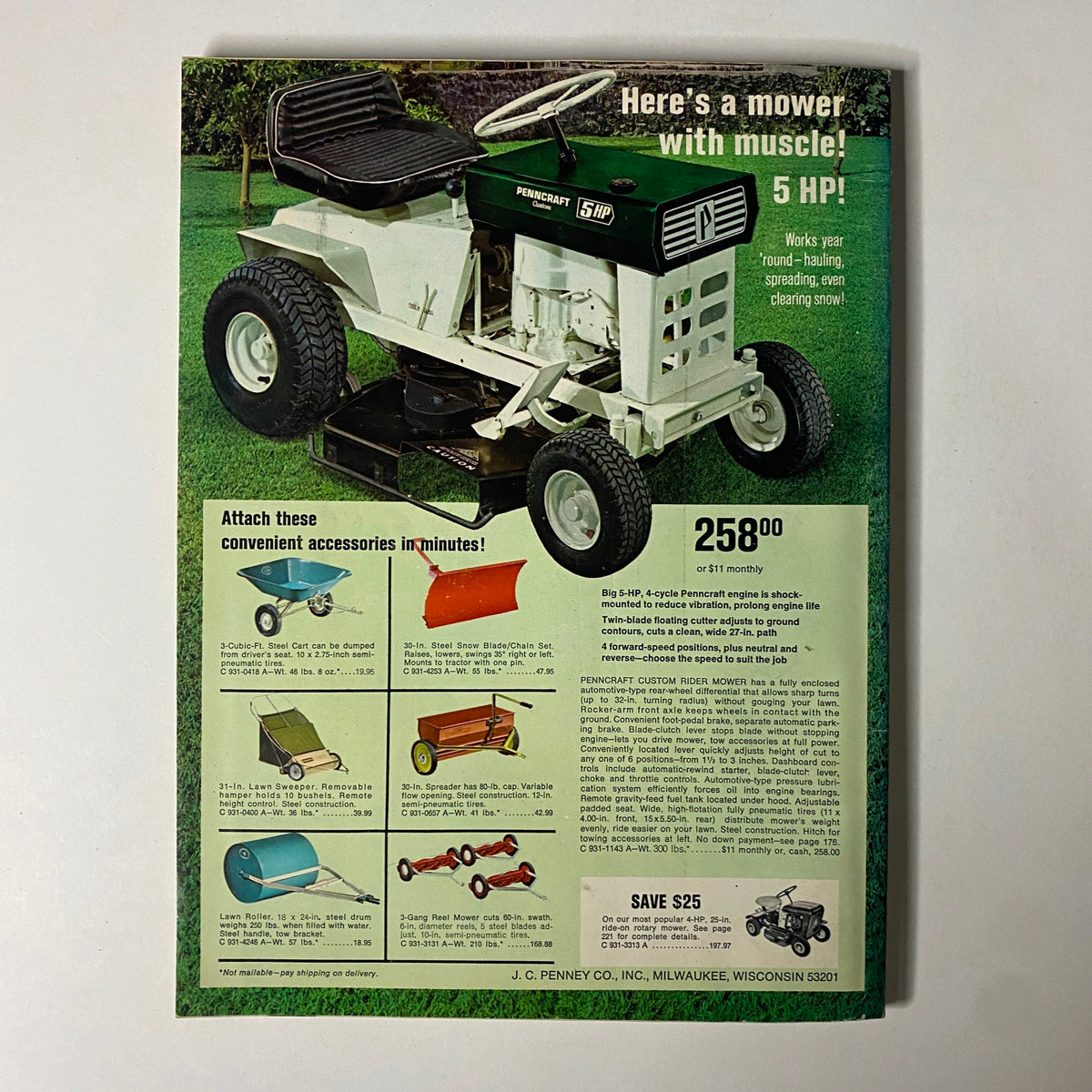 1966 JC Penneys Summer Store Catalog featuring a lawn mower with muscle, showcasing a Penncraft 5 HP riding lawn mower on a grassy field, complete with accessory attachment options for gardening. Ideal for collectors of vintage Americana and retro home improvement catalogs.